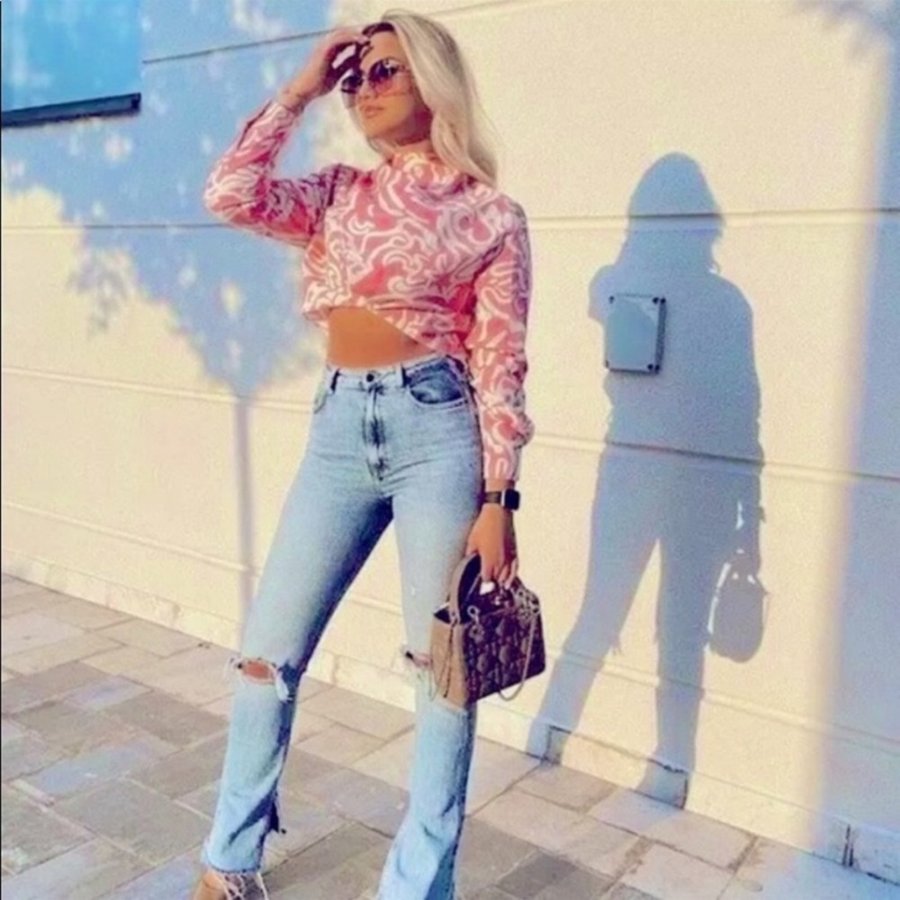 Zara Printed Crop Top with Tie Pink XS - Picture 3 of 6